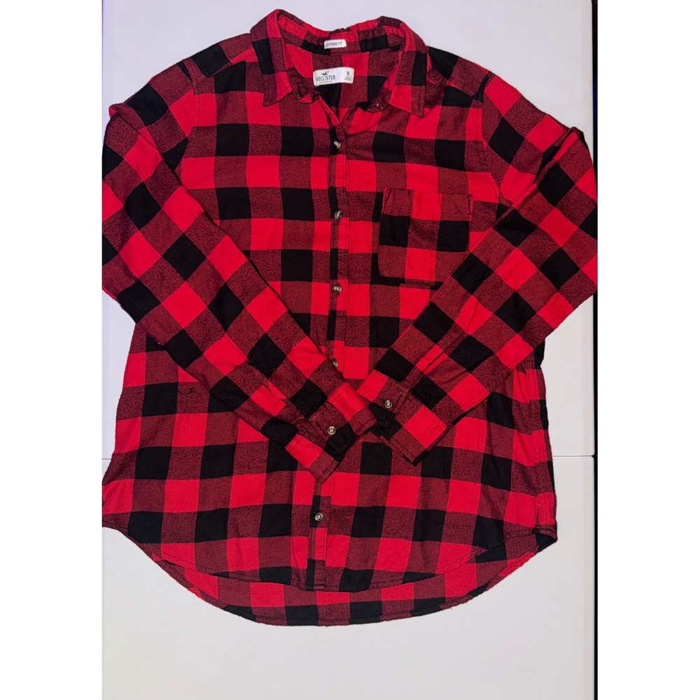 Hollister Flannel Button Down Medium Red Black Buffalo Checkered Boyfriend Fit